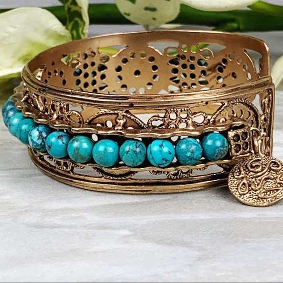 Boho Festival Bronze Round Turquoise Beaded Cuff - Picture 5 of 9